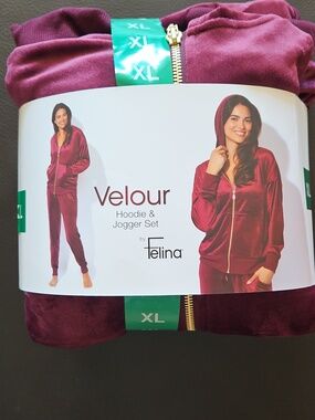 NWT Felina Velour Hoodie Jogger Set Burgundy Wine 2-Piece Lounge Set XL